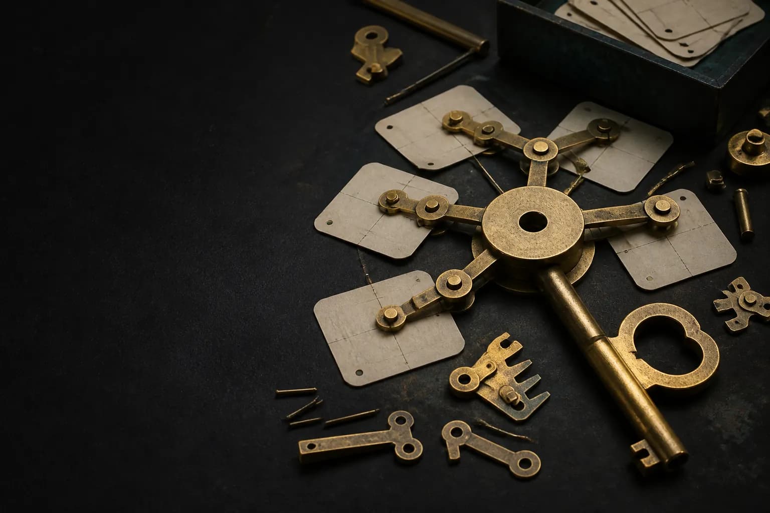 A brass key mechanism connecting paper task cards on a dark workbench.