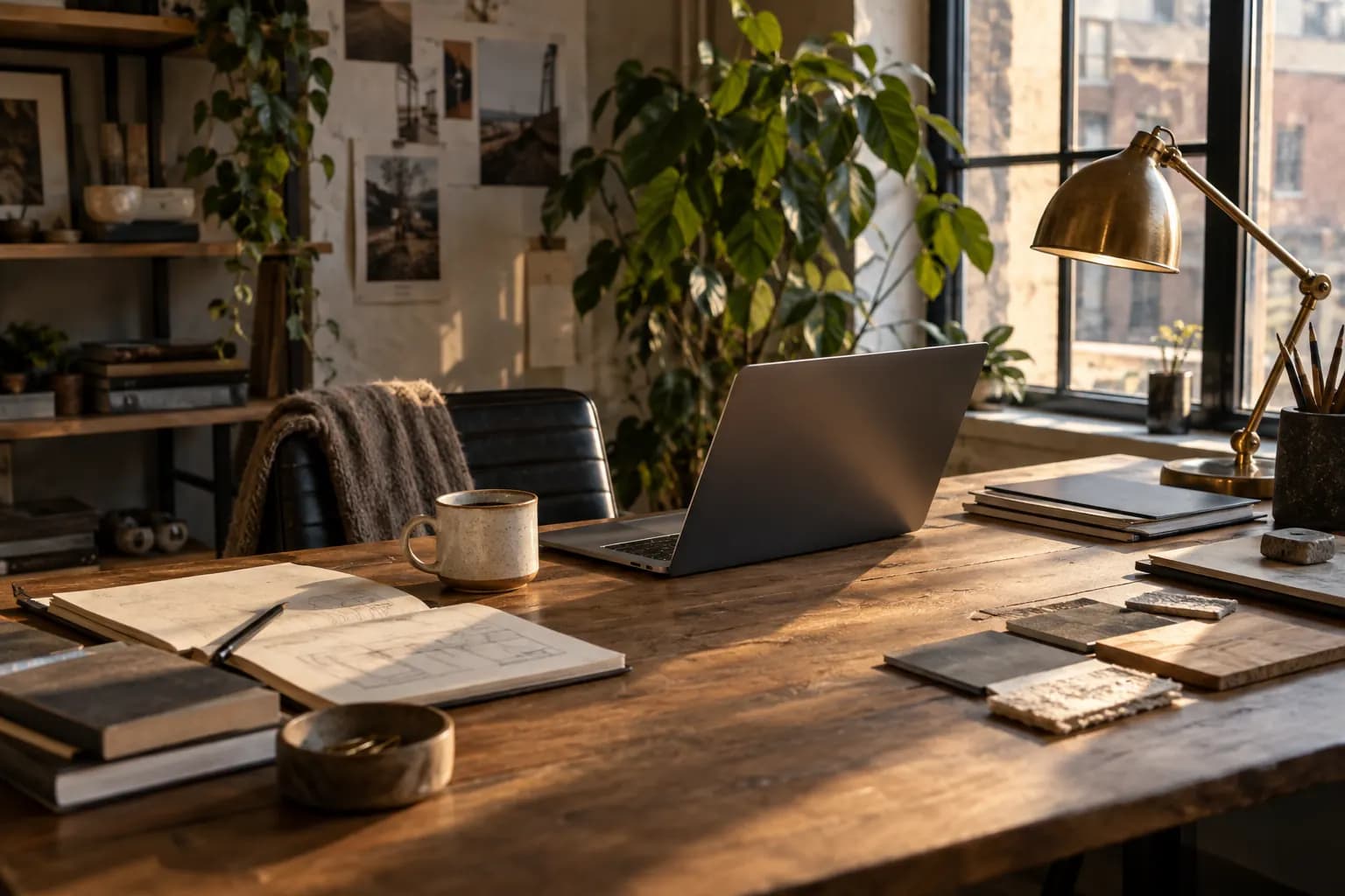 A sunlit independent studio desk with a notebook, laptop, material samples, and brass lamp.